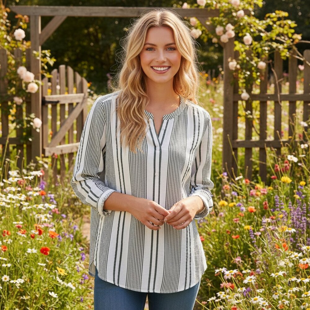 Loft M Green White Striped Button Top Cottage Coastal Casual Normcore Office